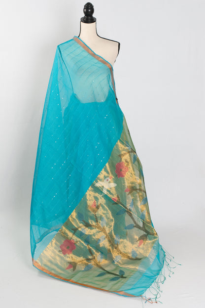 Shukti: Turquoise Blue & Gold Muslin Cotton Jamdani Saree | Sequin Weaving image 1
