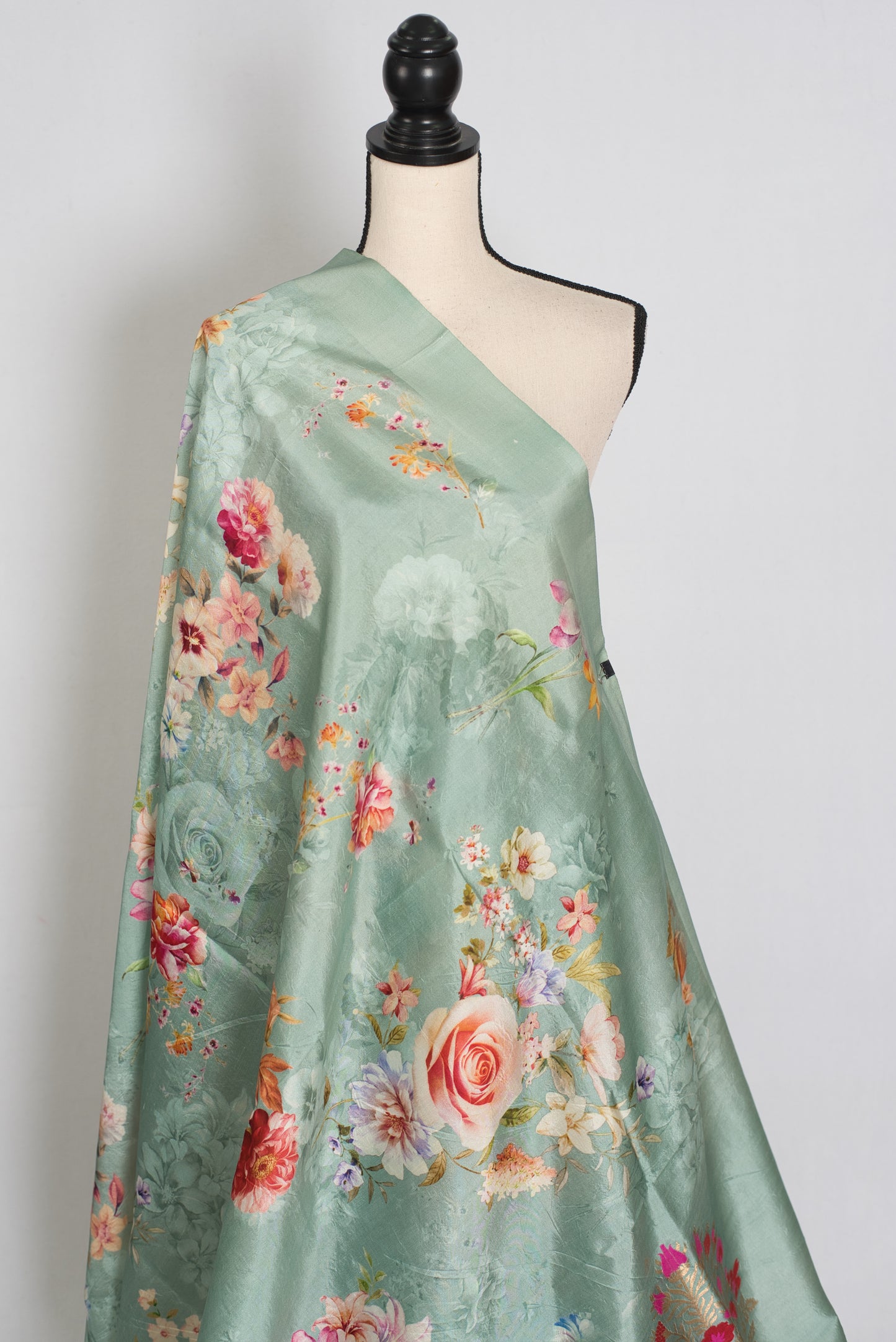 Soma : Sea Green Floral Banarasi Katan Silk Saree with 40 Size Stitched Blouse image 5