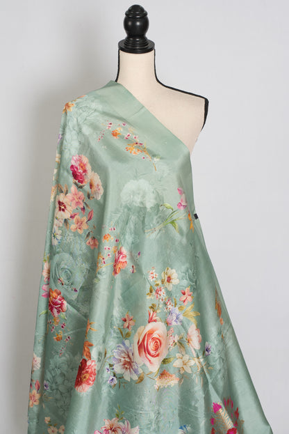 Soma : Sea Green Floral Banarasi Katan Silk Saree with 40 Size Stitched Blouse image 5