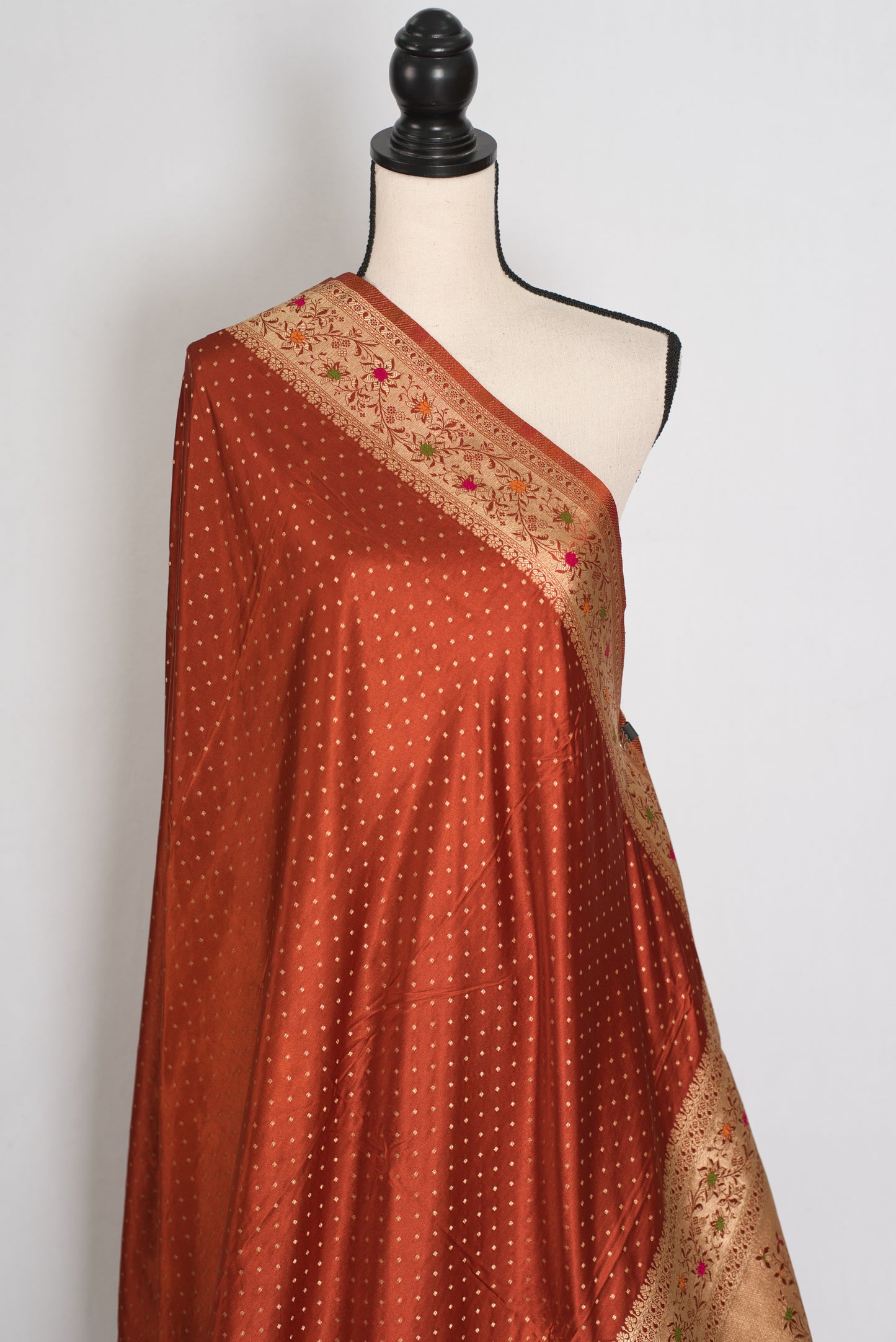 Nina | Rust Orange Semi Mashru Banarasi Saree | Pre-Stitched Size 40 Blouse image 4