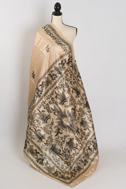 Matsya: Hand-Painted Madhubani Tussar Silk Saree | Fish Motif | Beige & Black image 1
