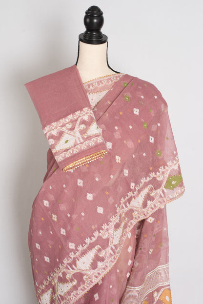 Bithi : Unique Pastel Purple and White Blended Cotton Jamdani Saree image 2
