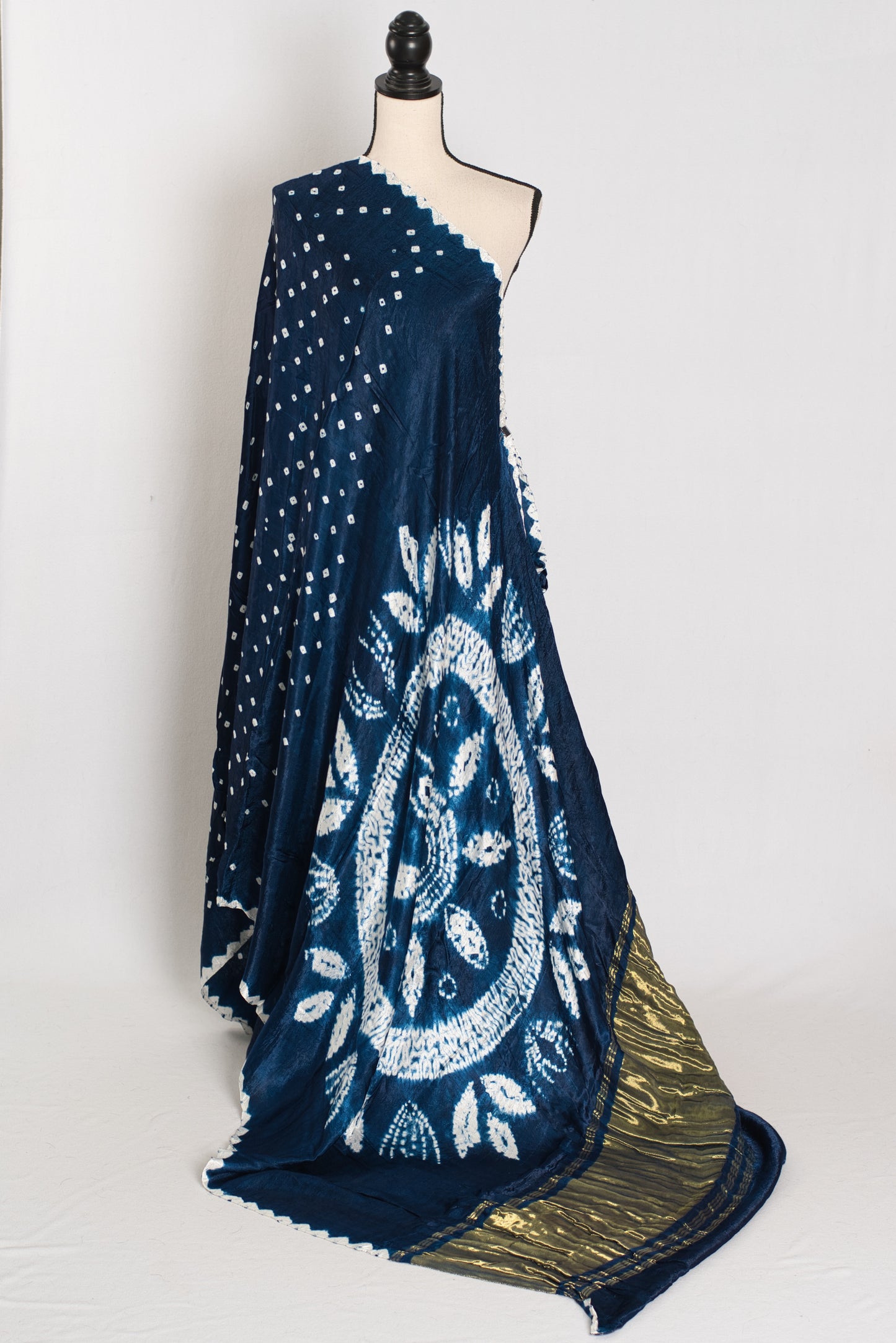 Saira: Navy Blue & White Hand Bandhani Modal Silk Saree image 1