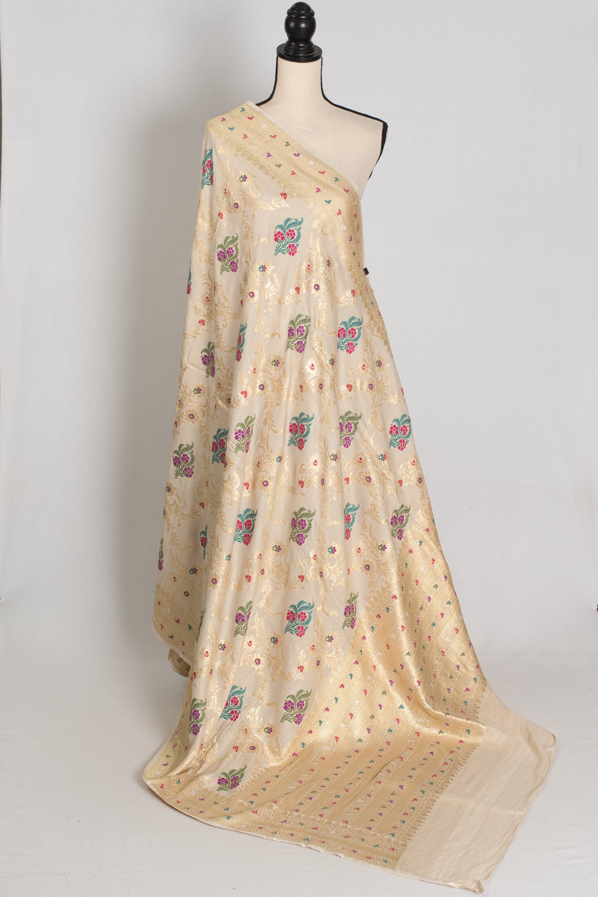Reena : Beige & Gold Tussar Georgette Banarasi Saree with Minakari Floral Jaal image 1