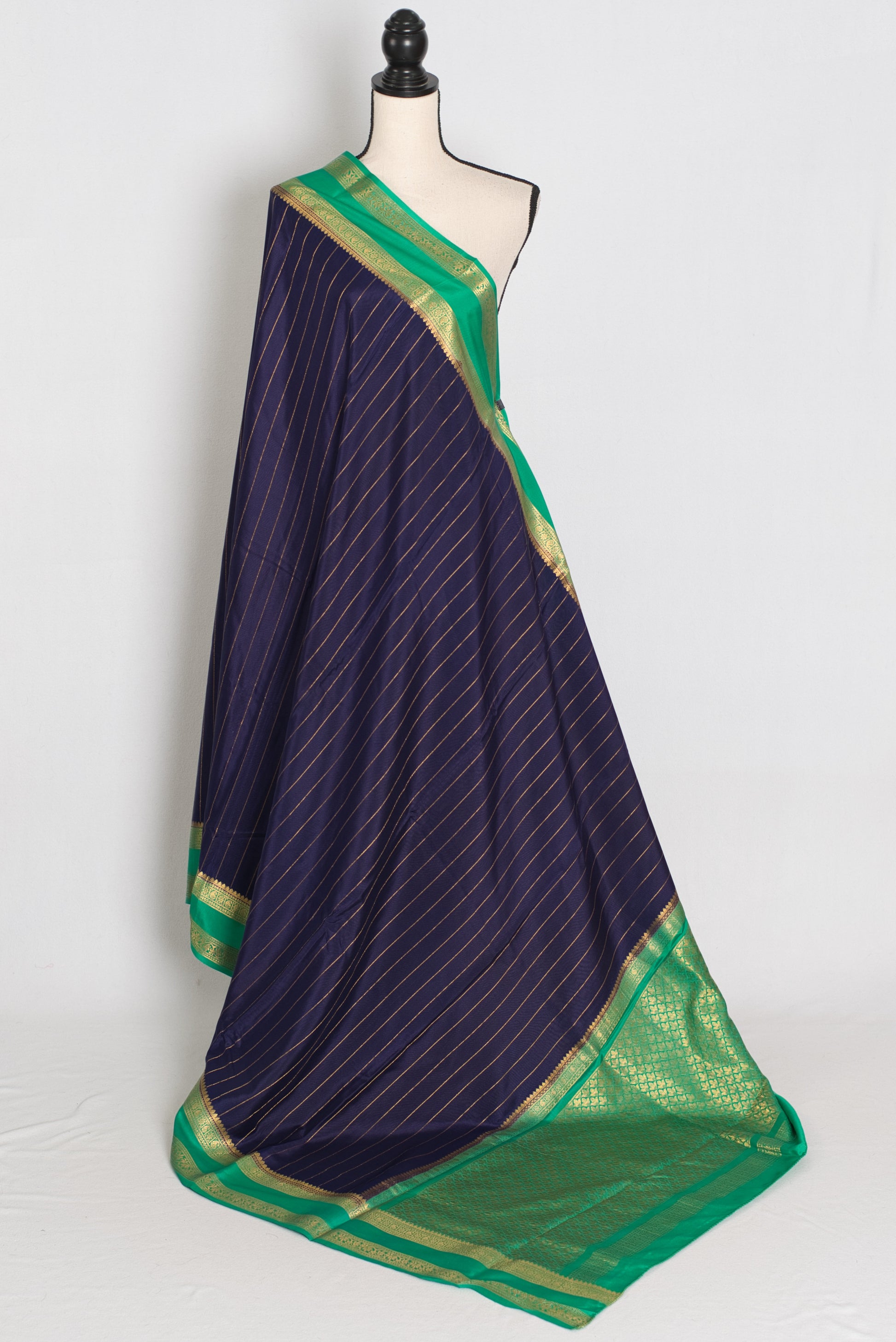 Malathi – Dark Blue and Green Pure Mysore Crepe Silk Saree | Silk Mark Certified image 1