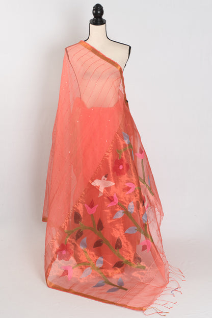 Soma: Orange & Gold Muslin Cotton Jamdani Saree | Sequin Weaving image 1