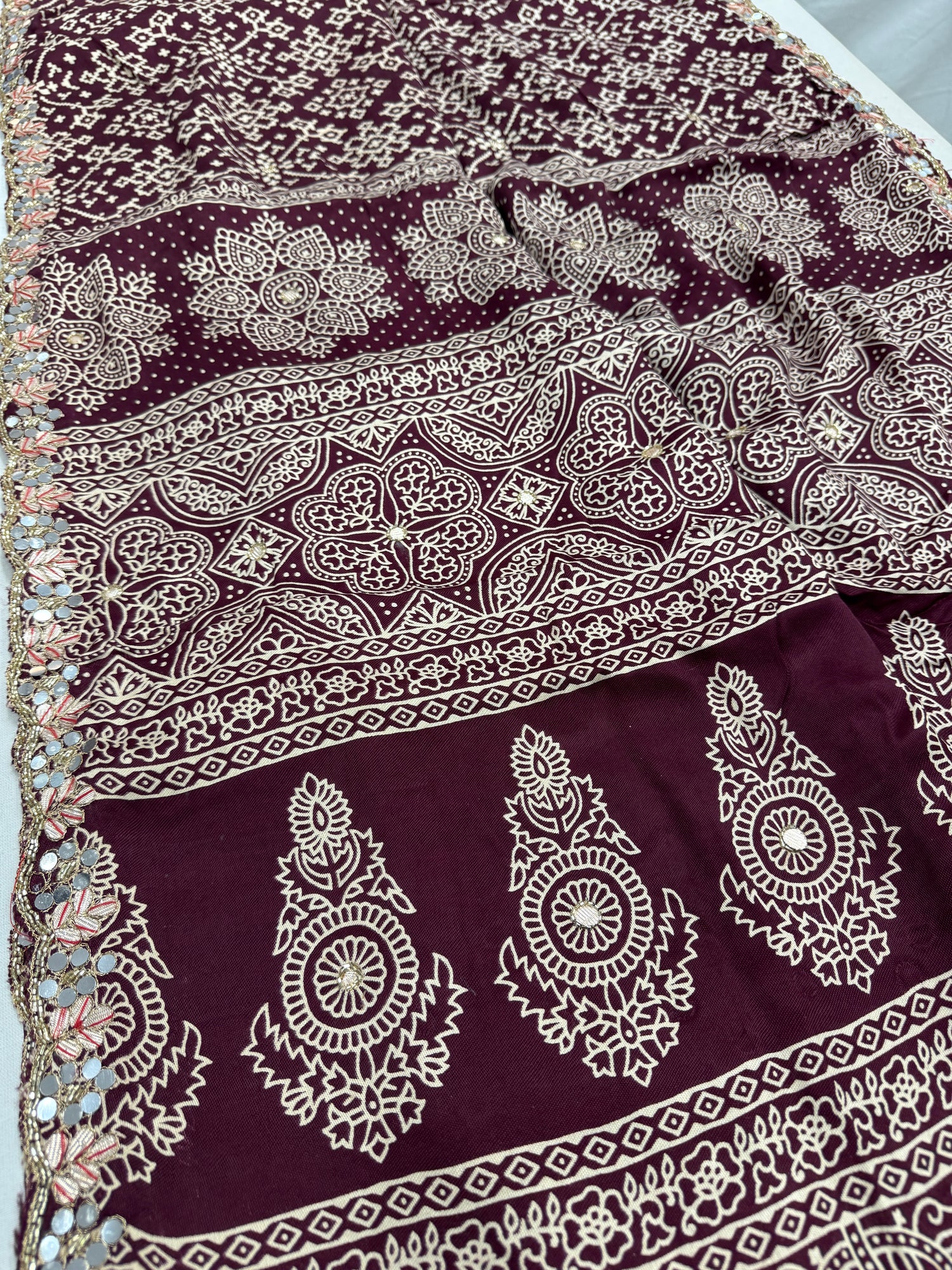 Aarthy : Maroon Modal Silk Ajrakh Saree with Hand Embroidery Work image 0