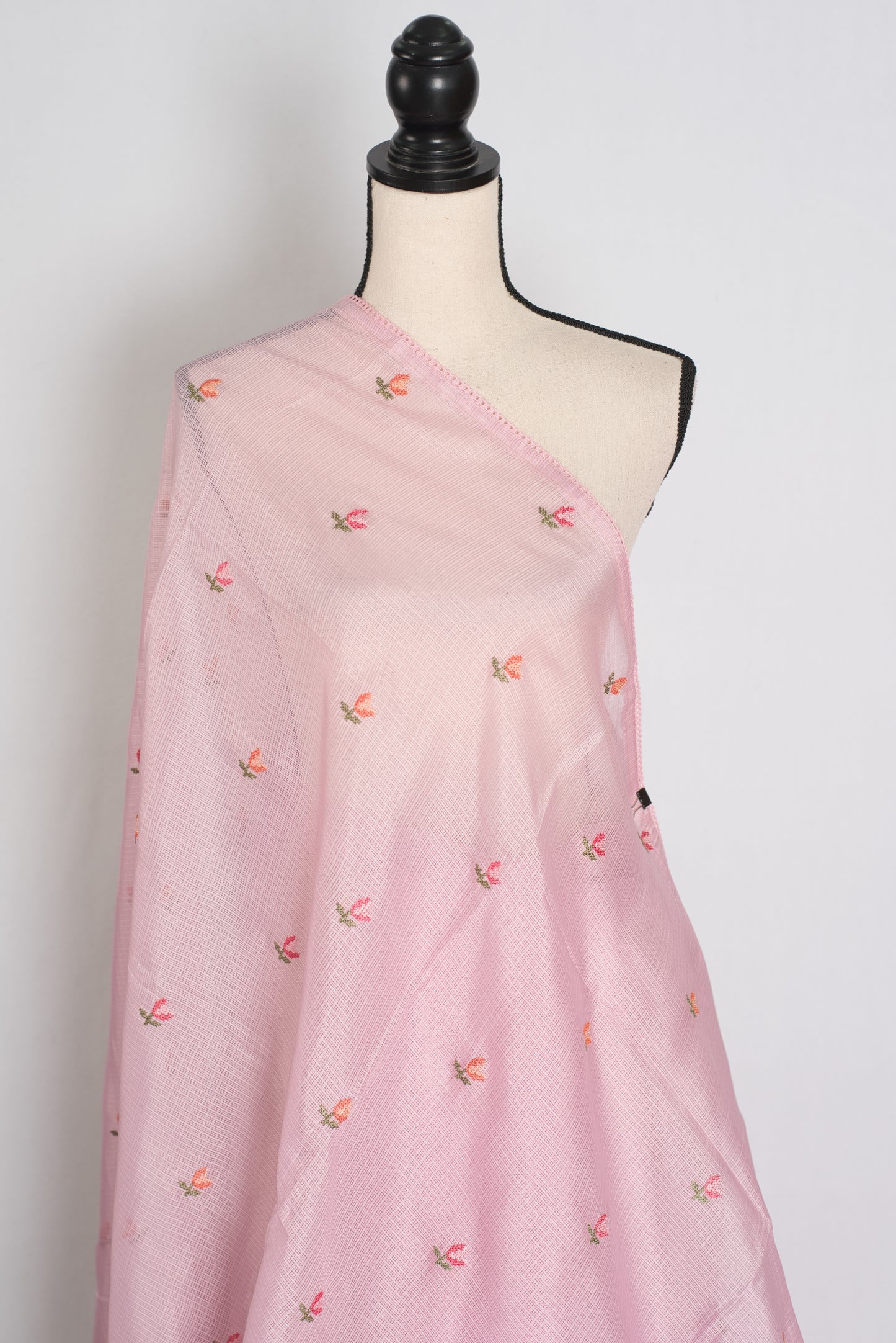 Priya | Baby Pink Blended Kota Silk Saree | Floral Cross Stitch Embroidery image 4
