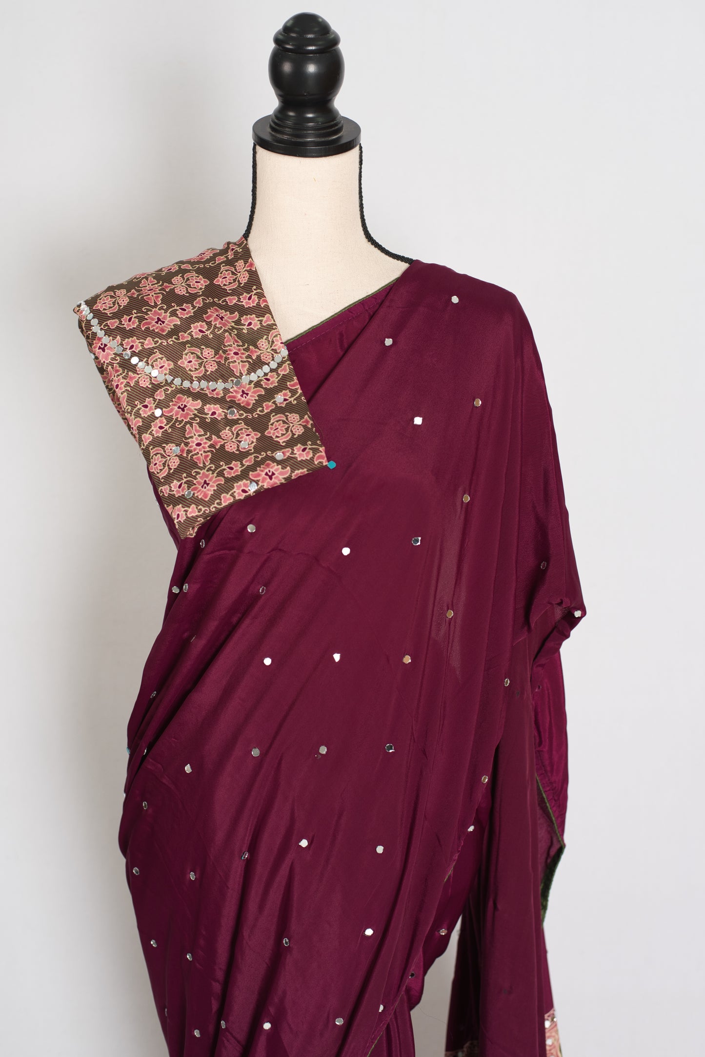 Naheed | Wine Color Mirror Work Partywear Ajrakh Saree | Bollywood Inspired image 2