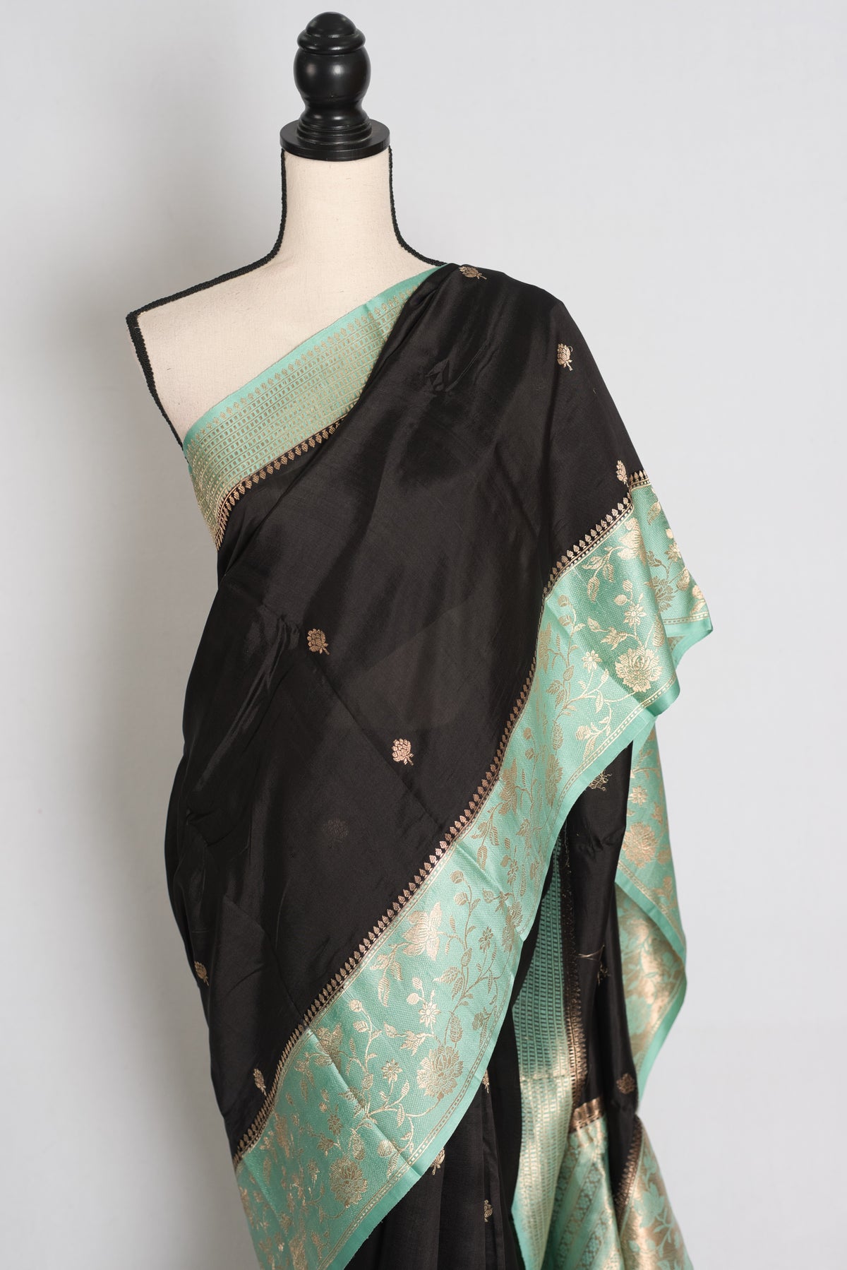 Jyothi : Jet Black & Pastel Sea Green Pure Satin Silk Banarasi Saree image 5