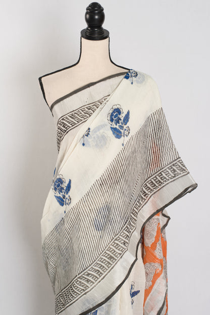 Madhuri: White & Blue Hand Block Printed Saree | Soft Linen Cotton image 3