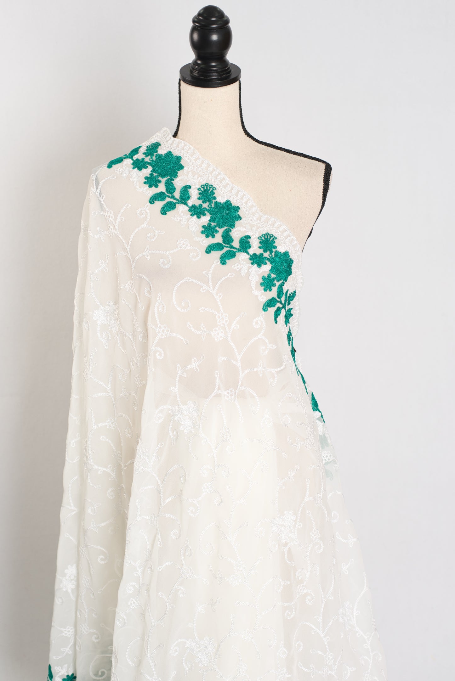 Afrin : Georgette Embroidery Designer Saree in Off White and Green image 3