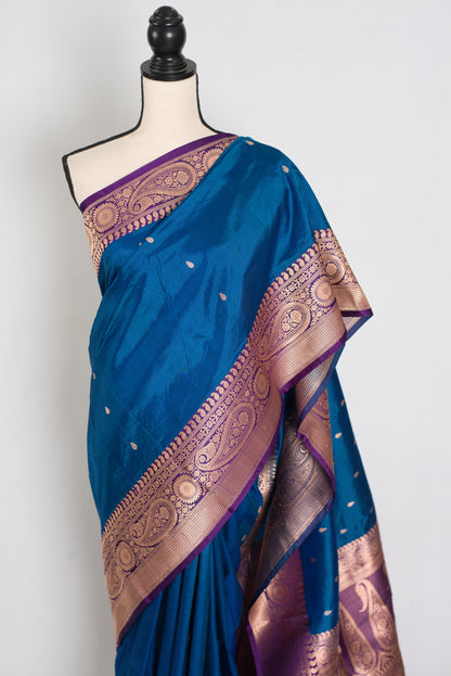 Mahi | Royal Blue Pure Katan Silk Banarasi Saree with 40 Size Stitched Blouse image 6