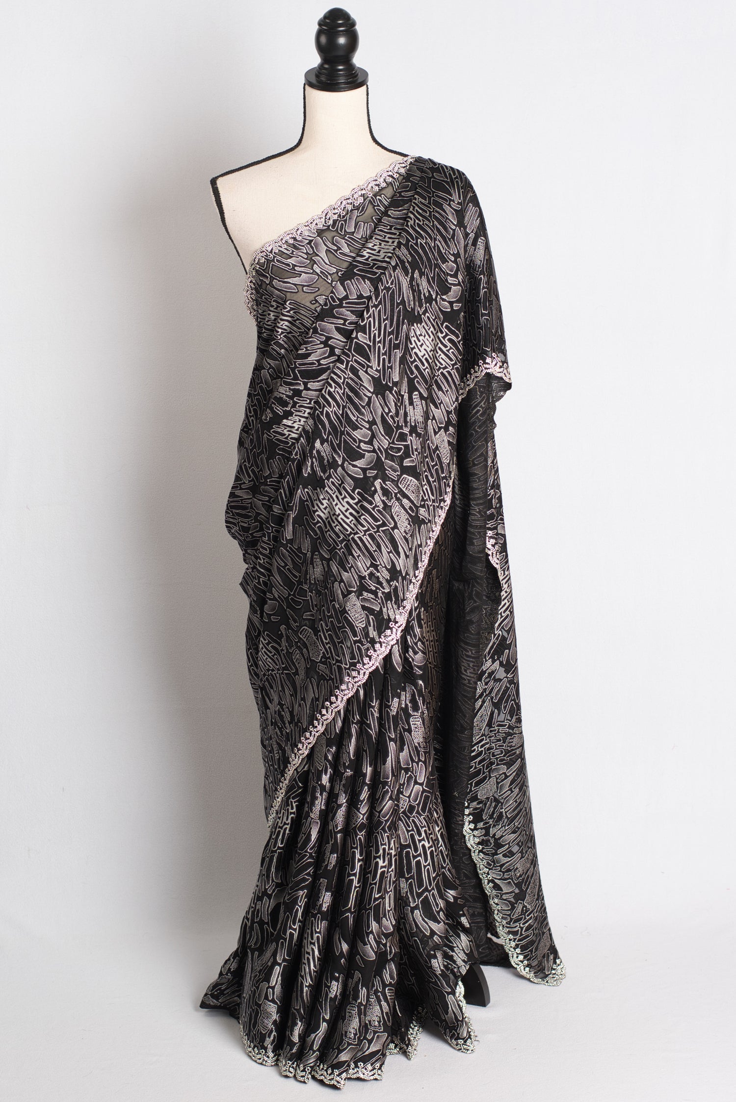 Charcoal Symphony - Designer Brasso Saree in Black and Grey image 0