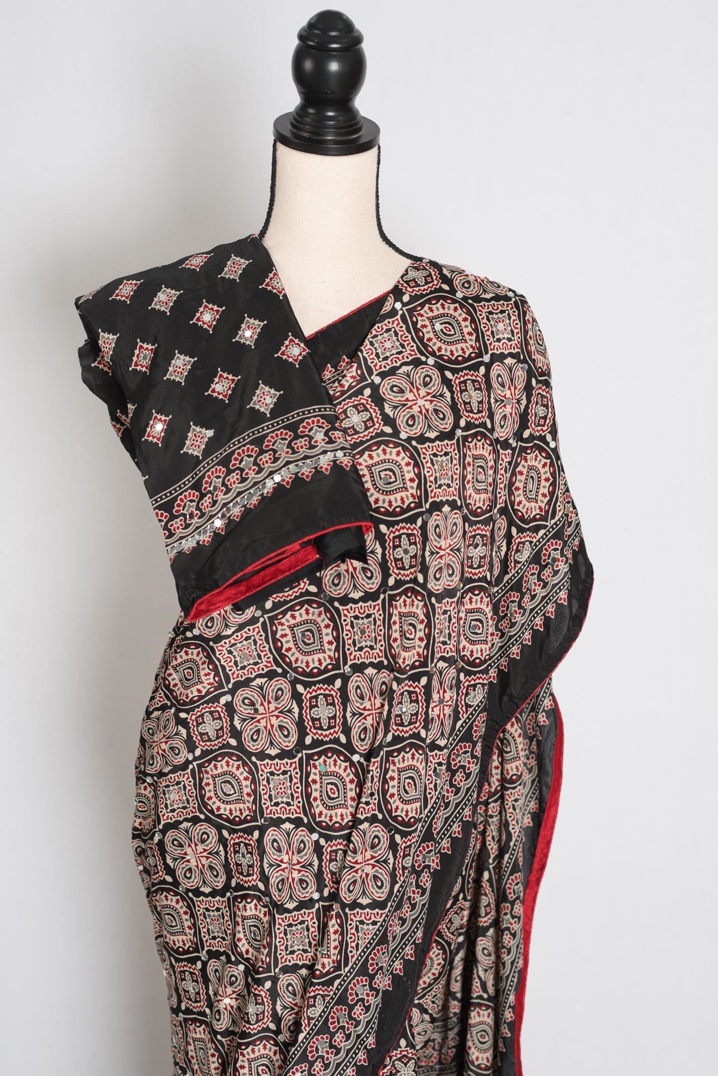 Trisha : Black and Red Semi Modal Silk Ajrakh Saree with Hand-Pasted Mirrors image 2