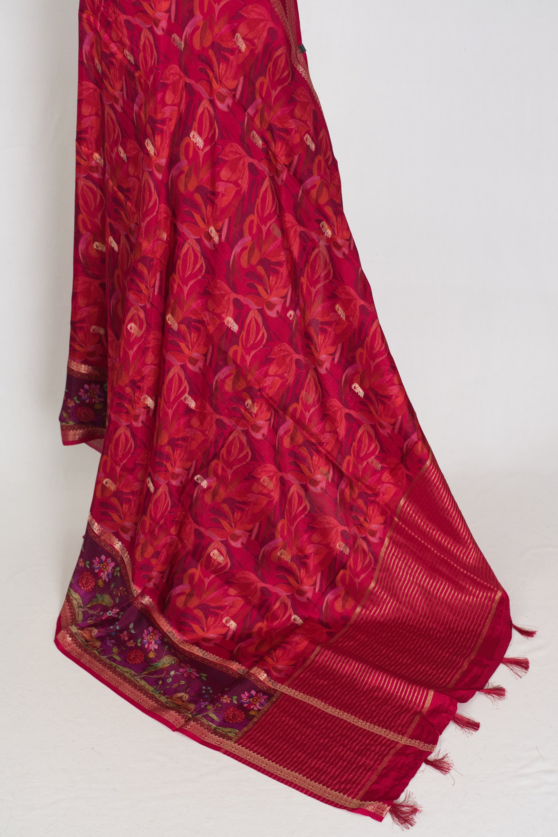 Stuti | Dark Rose Pink Dola Silk Banarasi Saree | Contrast Purple Floral Printed image 3