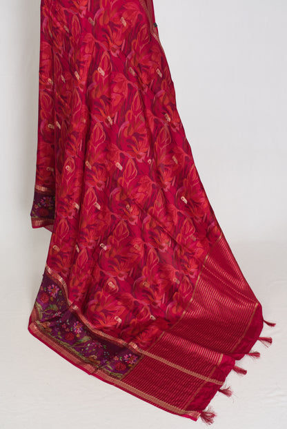 Stuti | Dark Rose Pink Dola Silk Banarasi Saree | Contrast Purple Floral Printed image 3