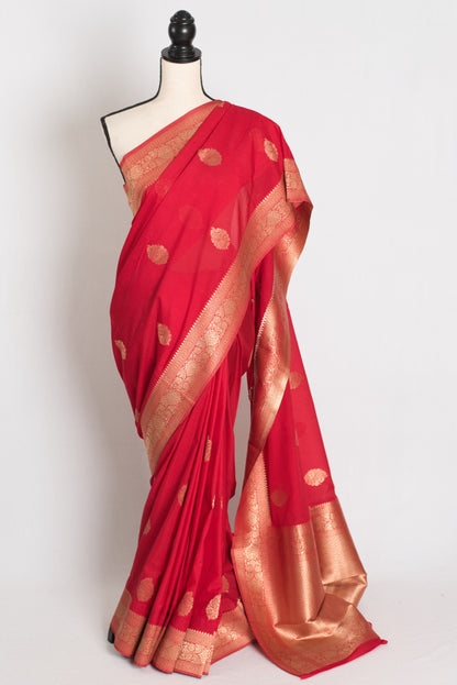 Zareen : Semi Crepe Silk Budget Friendly Banarasi Saree in Red and Gold image 0