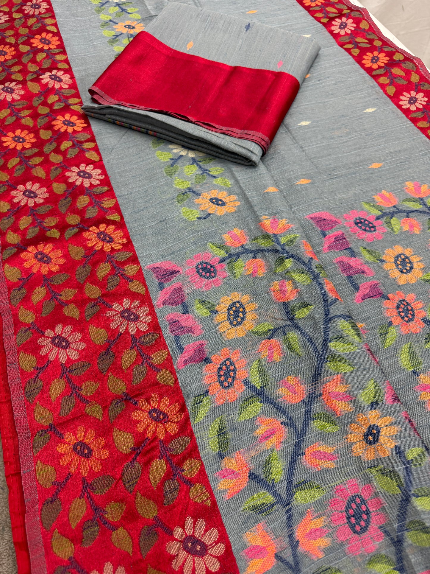 Bidisha | Grey & Red Semi Matka Tussar Jamdani Saree image 3