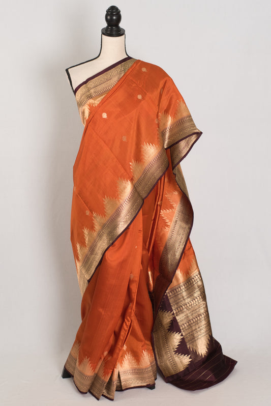 Bina: Rust Orange Pure Silk Banarasi Saree with Temple Border image 0