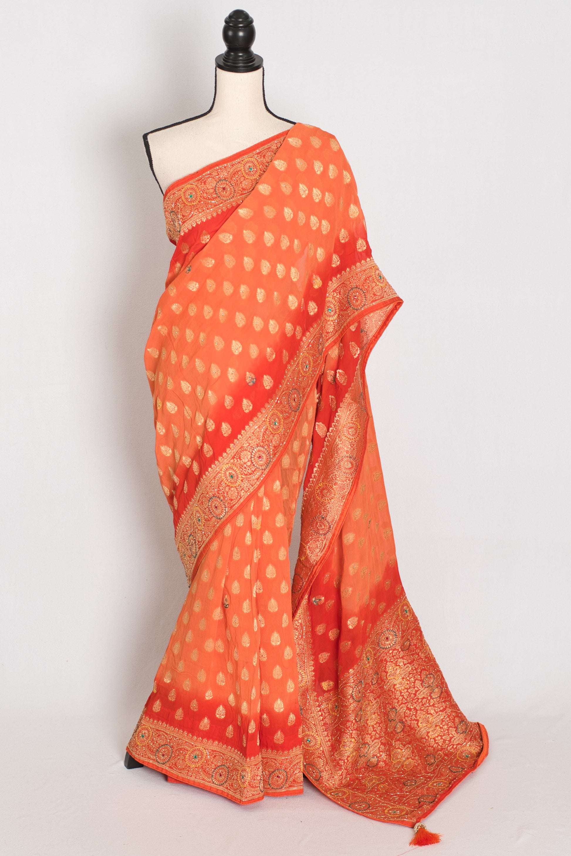 Anisha | Orange Semi Khaddi Georgette Banarasi Saree | Embroidery Work image 0