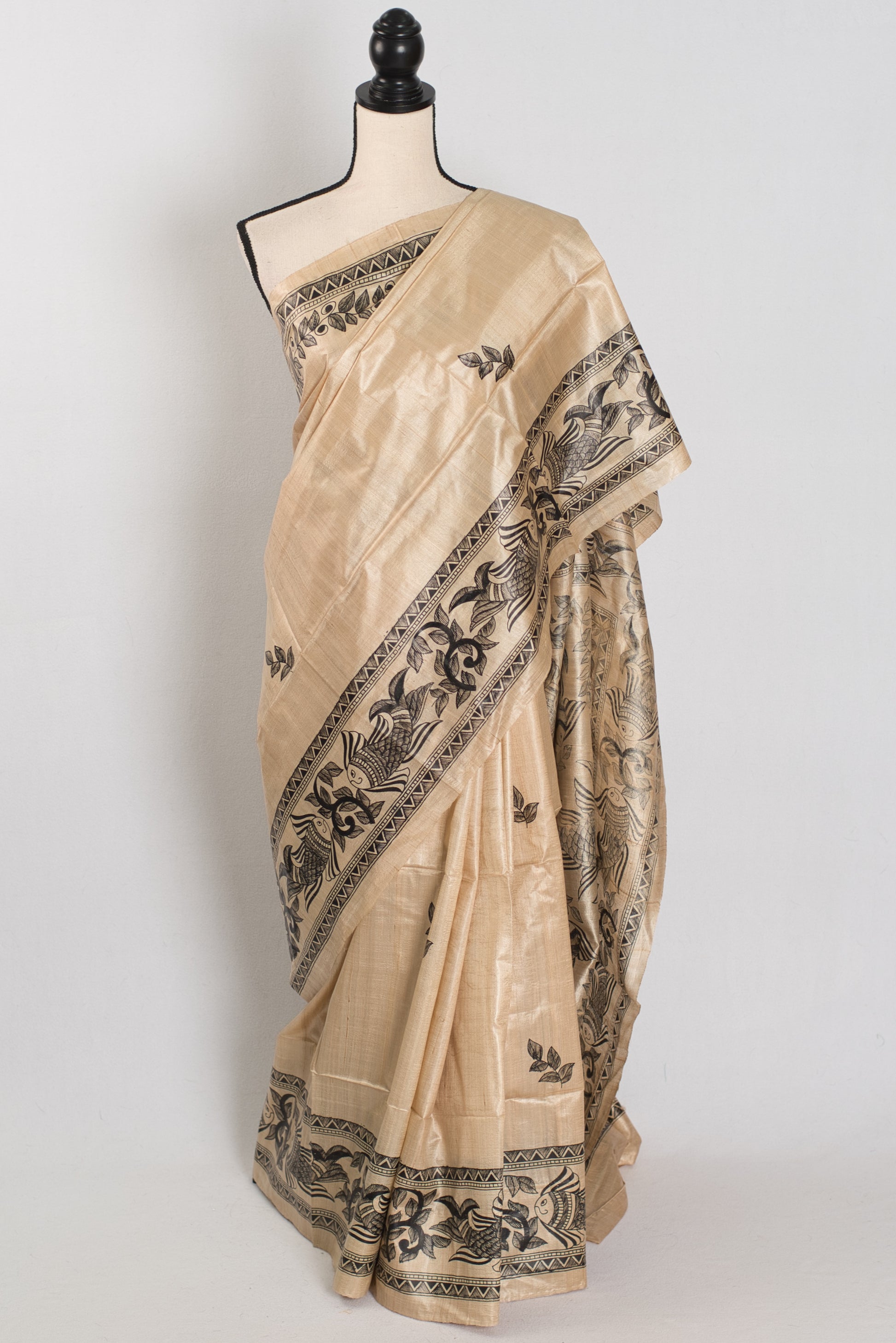 Matsya: Hand-Painted Madhubani Tussar Silk Saree | Fish Motif | Beige & Black image 0