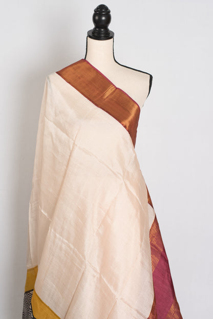 Subhra : Hand Block Printed Matka by Tussar Silk Saree in Cream and Brown image 4