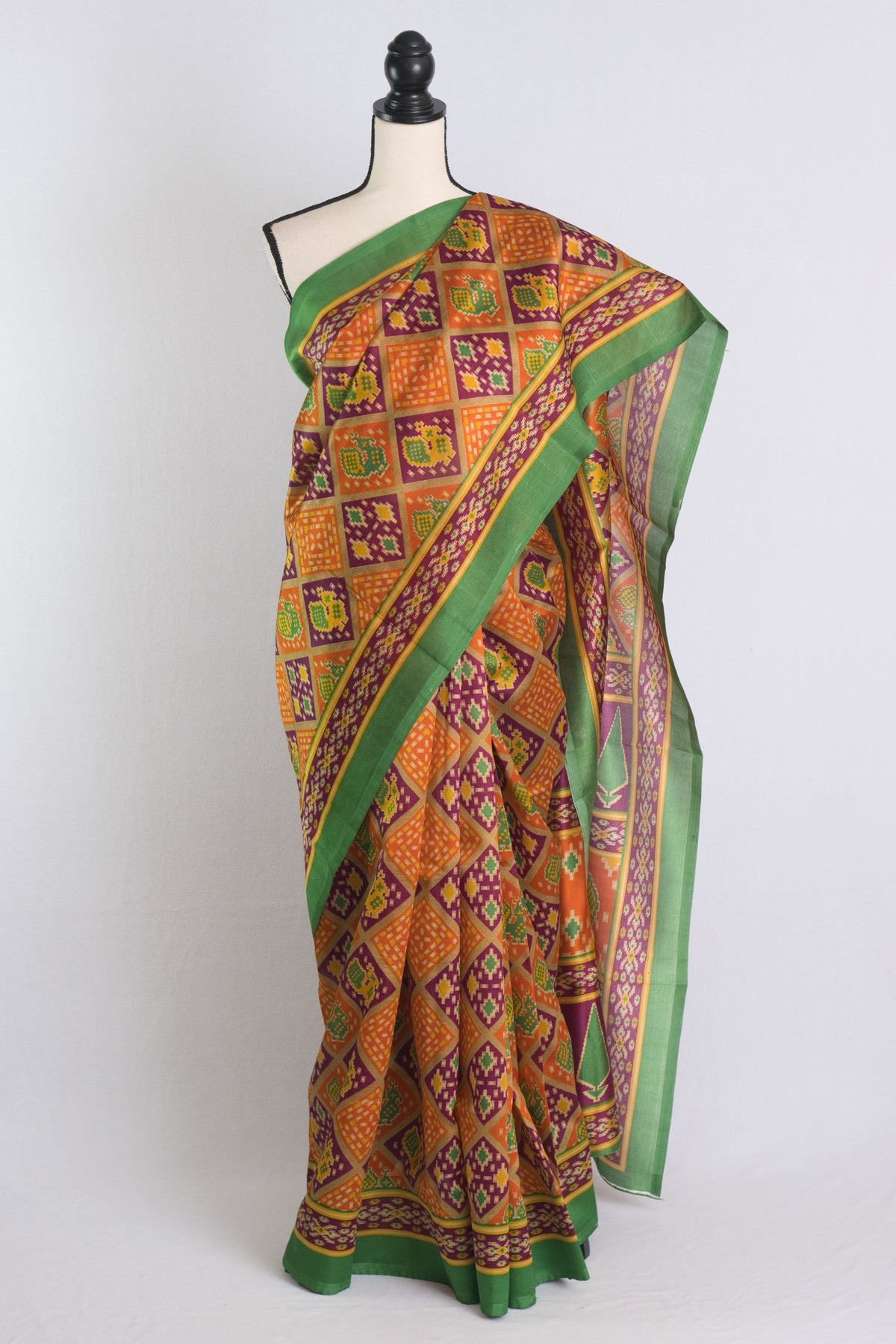 Art Silk Printed Patola Saree in Yellow and Green image 0