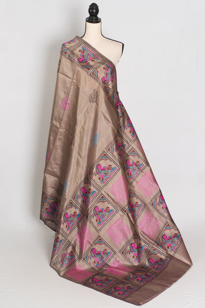 Ria | Ash Brown Hand Block Printed Bishnupur Silk Saree | 40 Size Blouse image 3