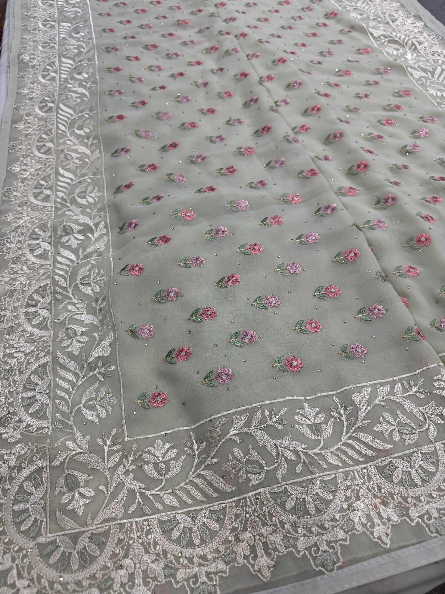 Siya | Light Sage Green Georgette Partywear Saree | Pastel Floral Embroidery image 3