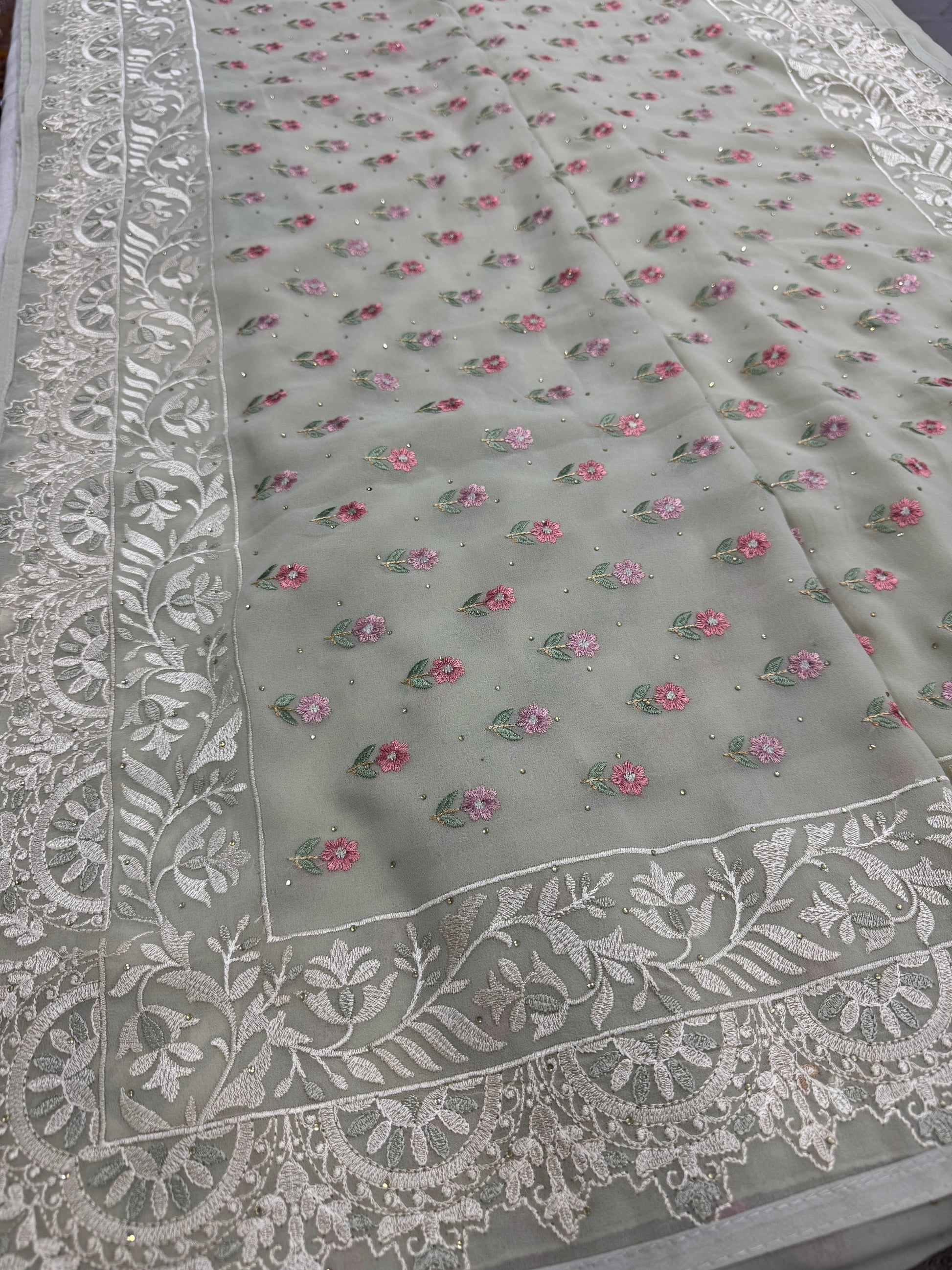 Siya | Light Sage Green Georgette Partywear Saree | Pastel Floral Embroidery image 3