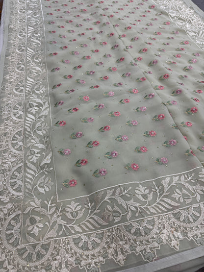 Siya | Light Sage Green Georgette Partywear Saree | Pastel Floral Embroidery image 3