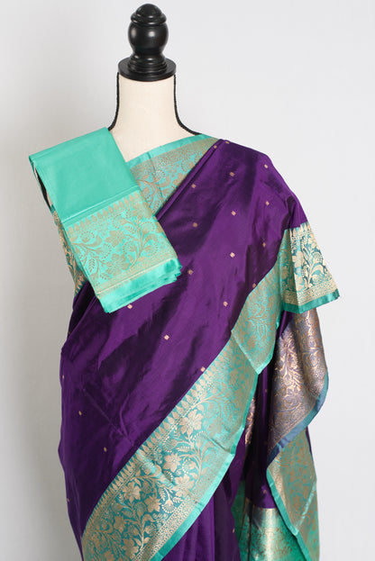 Mili : Silk Mark Certified Katan Banarasi Saree in Purple and Sea Green image 2