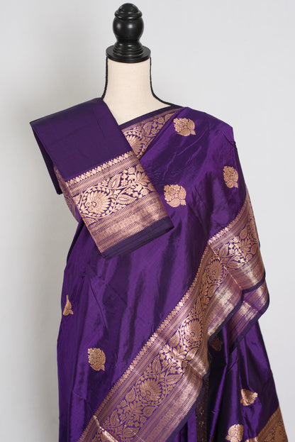 Naina | Deep Purple & Antique Gold Pure Katan Silk Banarasi Saree image 2