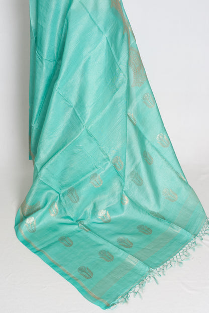 Mani : Sea Green & Gold Bengal Tussar Silk Saree with 36 Size Stitched Blouse image 6