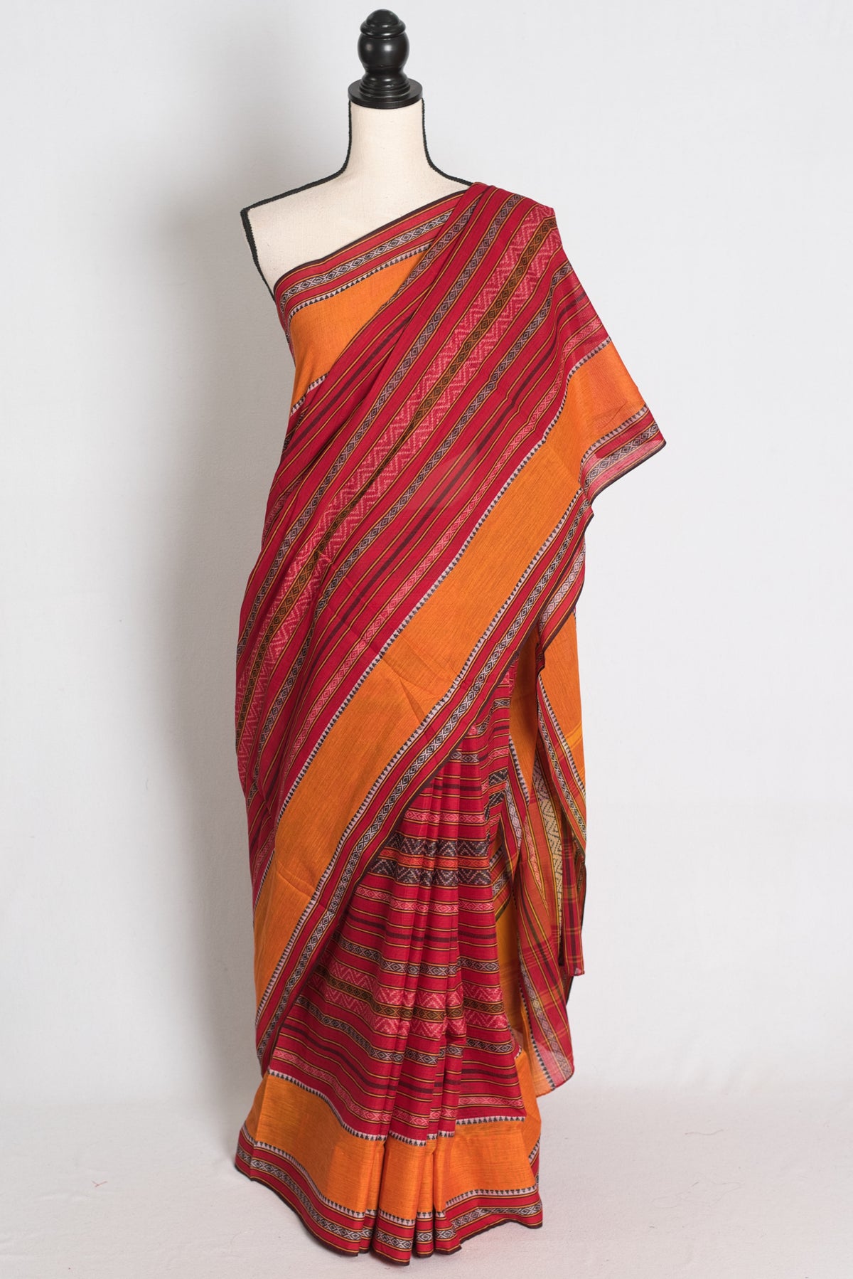 Red and Mustard Yellow Dhaniakhali saree — view