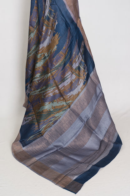 Mukta | Blue & Grey Pure Tussar Silk Saree | Contemporary Graphic Prints image 4