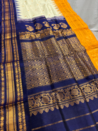 Gangavarna : Handwoven Cream Gadwal Silk Saree with Ganga Jamuna Border image 3