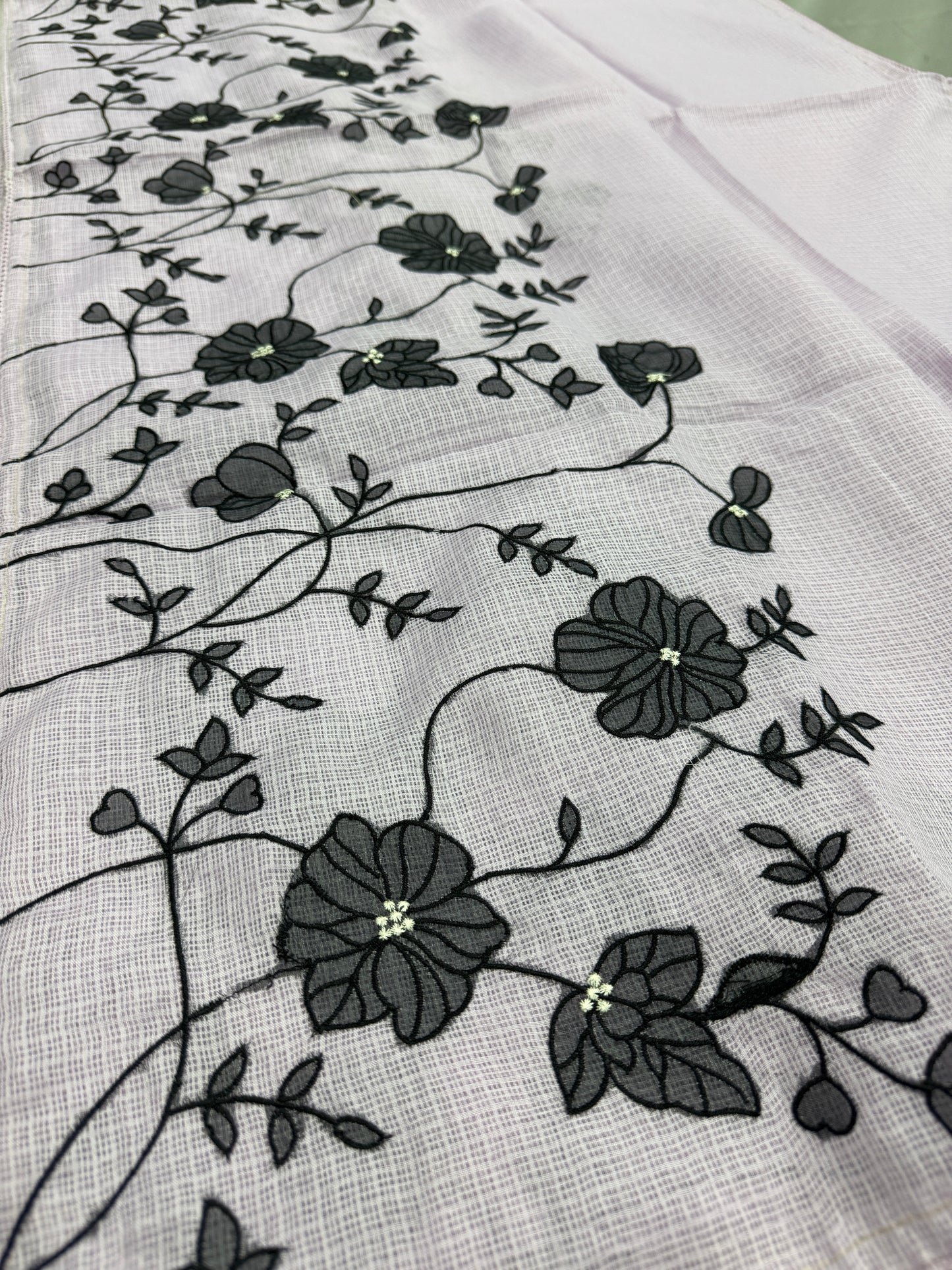 Riddhi | Lavender & Black Semi Kota Silk Saree | Floral Appliqué image 0
