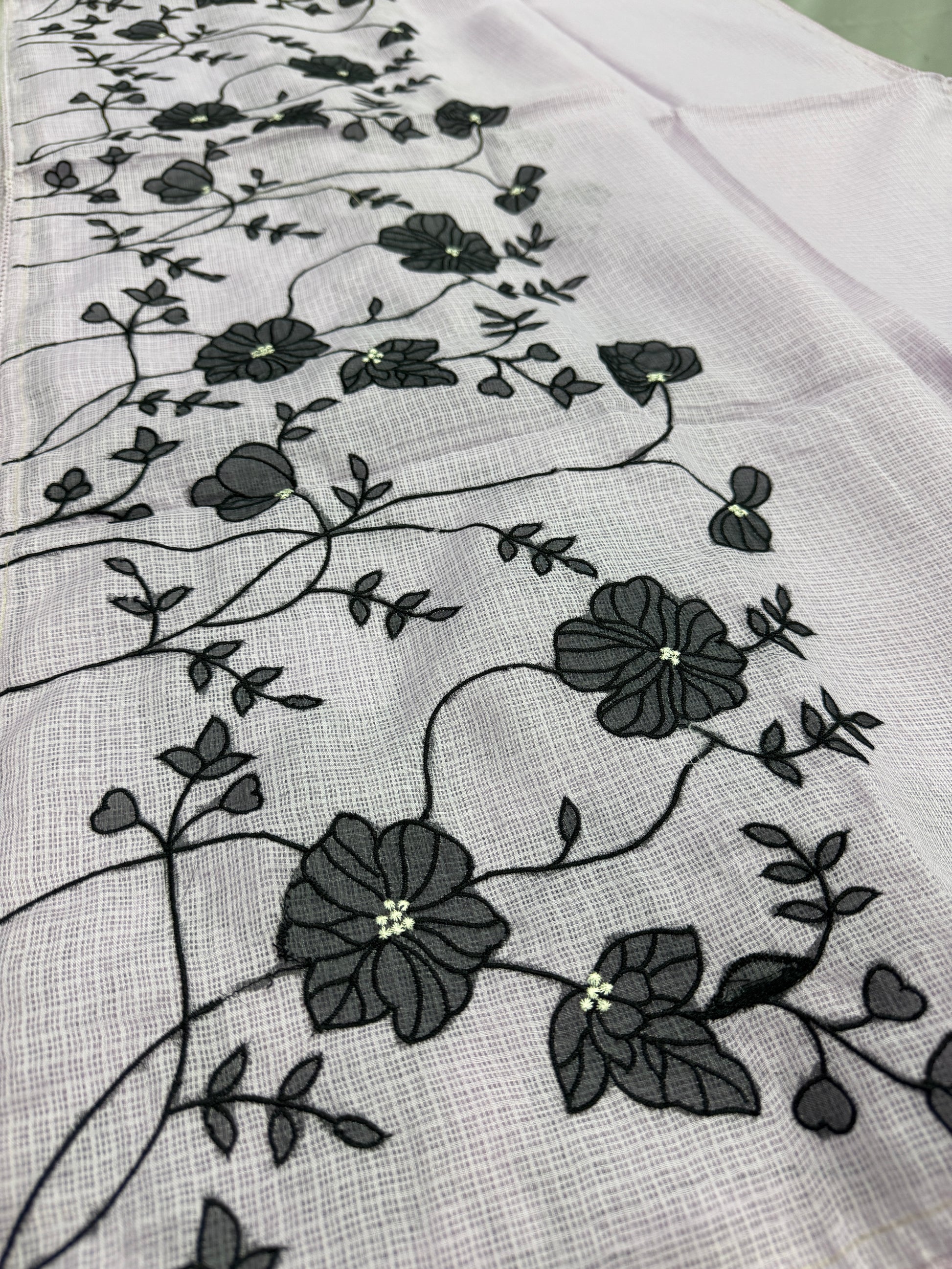 Riddhi | Lavender & Black Semi Kota Silk Saree | Floral Appliqué image 0