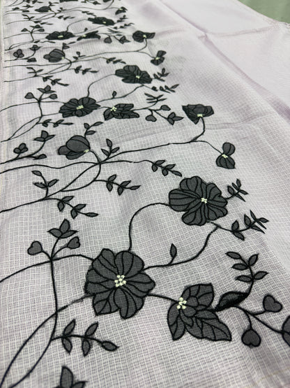 Riddhi | Lavender & Black Semi Kota Silk Saree | Floral Appliqué image 0