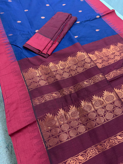 Hema : Blended Cotton Gadwal Saree in Midnight Blue and Dark Red image 1