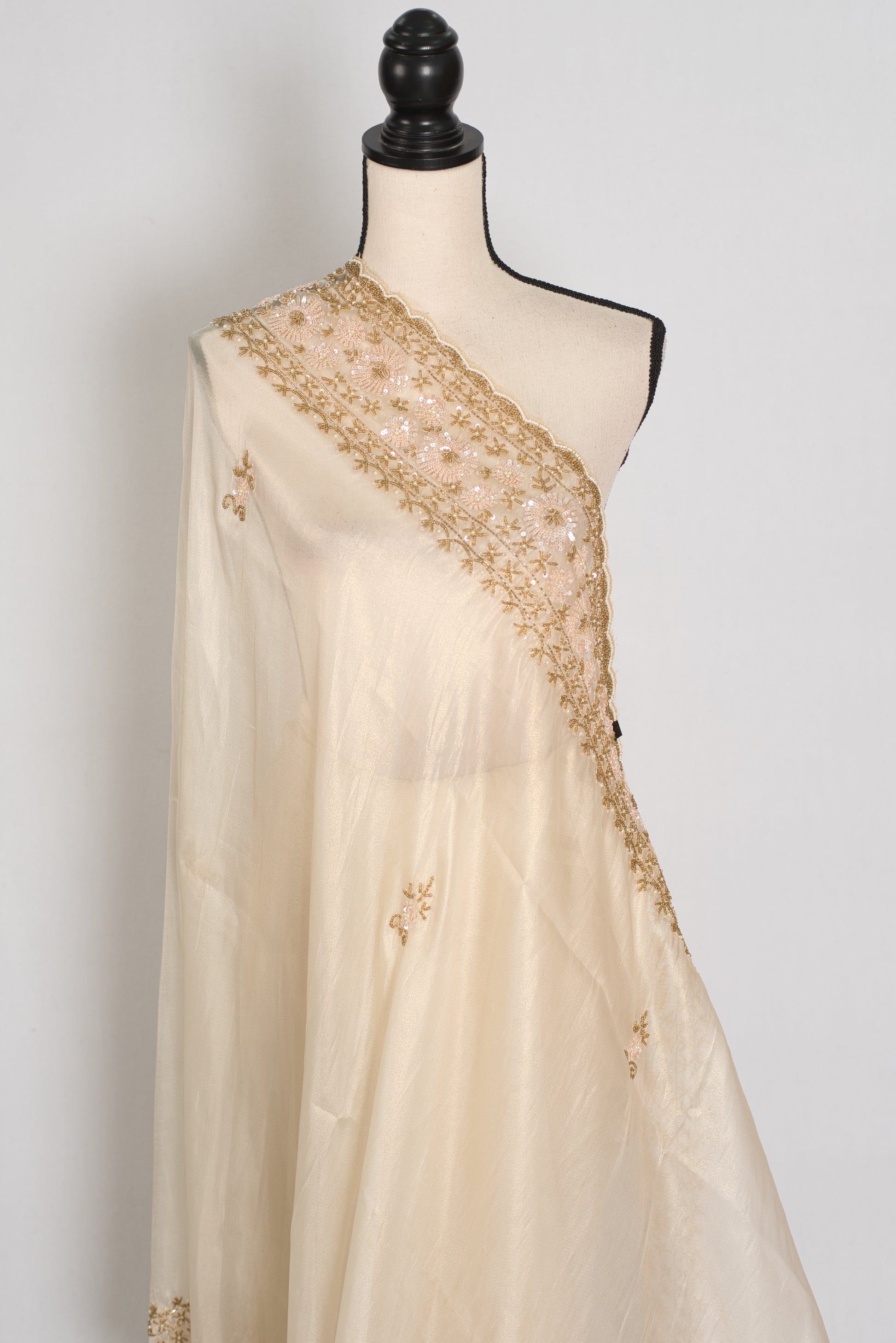 Shruti | Cream & Gold Soft Tissue Embroidered Wedding Saree | Pastel Collection image 4