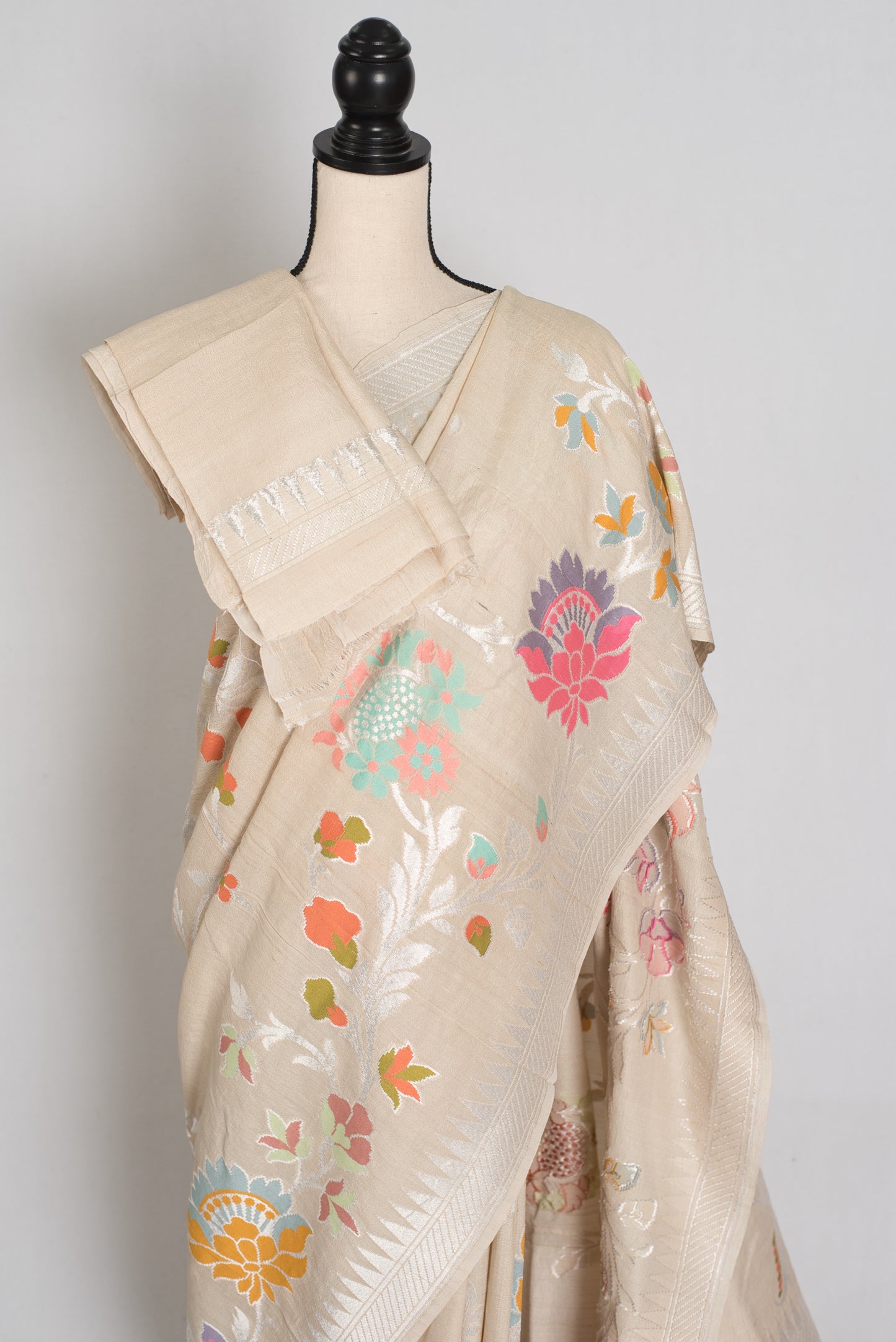 Nidhi : Beige & Silver Tussar Georgette Banarasi Saree with Minakari Florals image 2