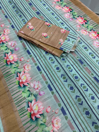 Soma | Sea Green & Earthy Brown Ikkat Fusion Semi Tussar Saree image 2