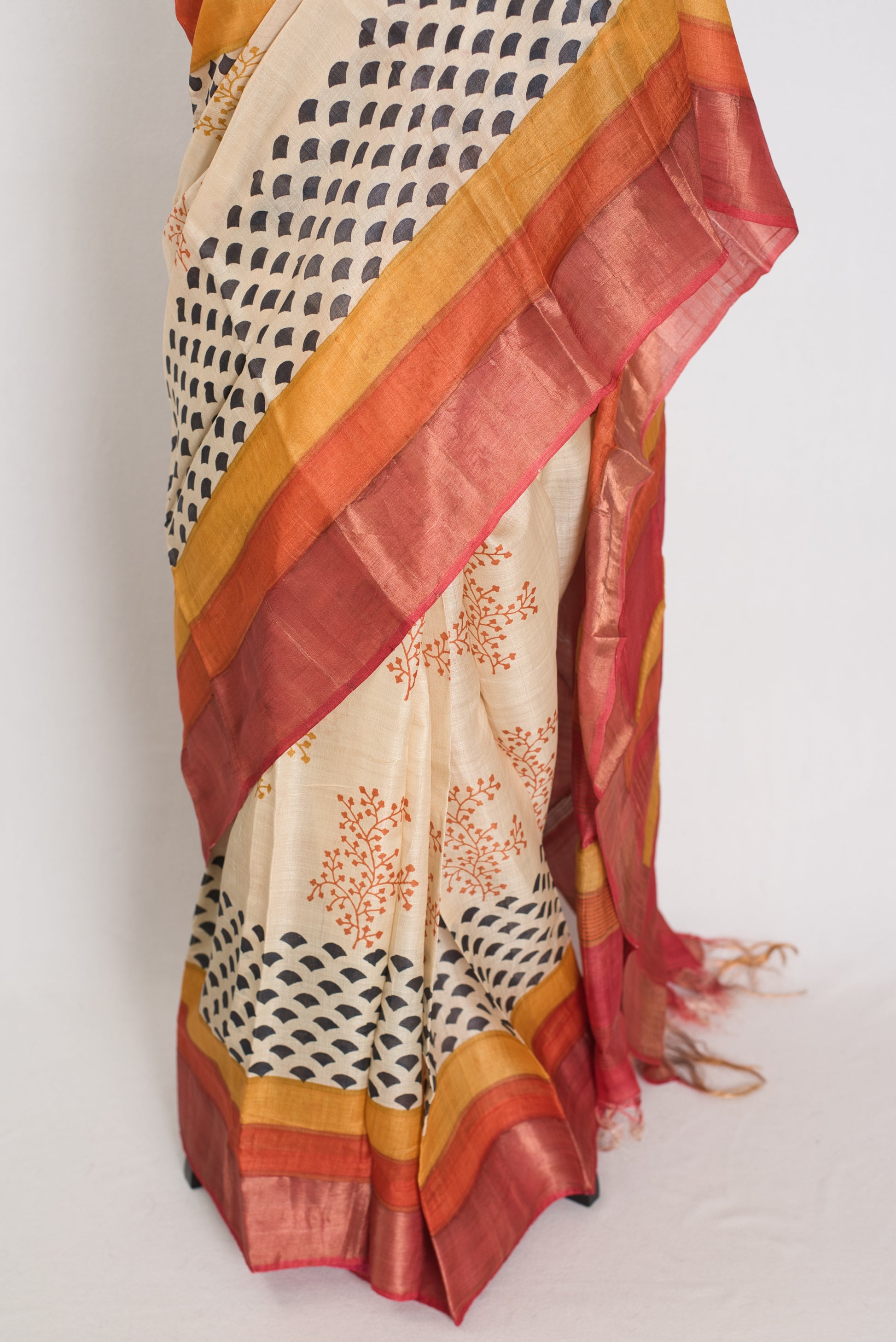 Madhavi: Beige & Rust Hand Block Printed Bengal Tussar Silk Saree image 6