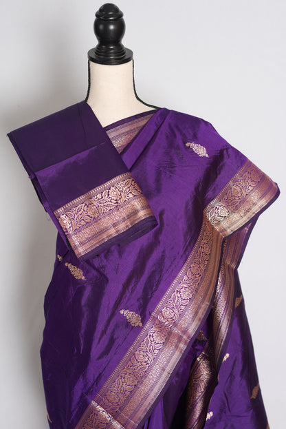 Uma: Purple and Gold Lightweight Katan Banarasi Silk Saree with Blouse Piece image 2