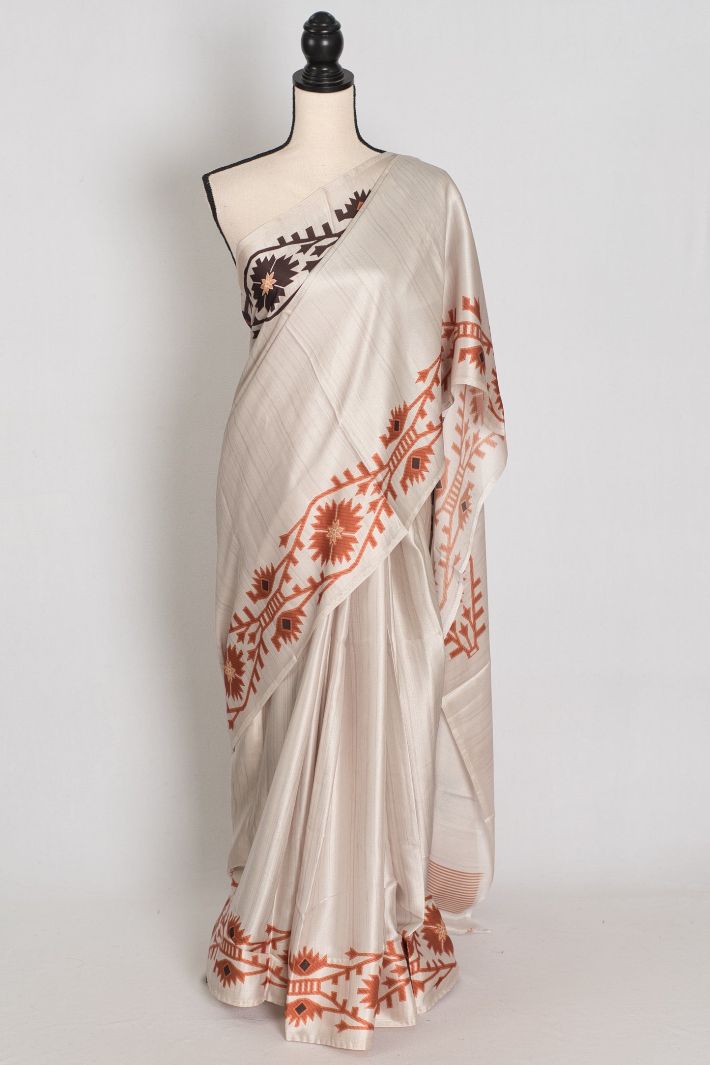 Rita | Cement White Soft Satin Saree with Traditional Kolka Prints image 0