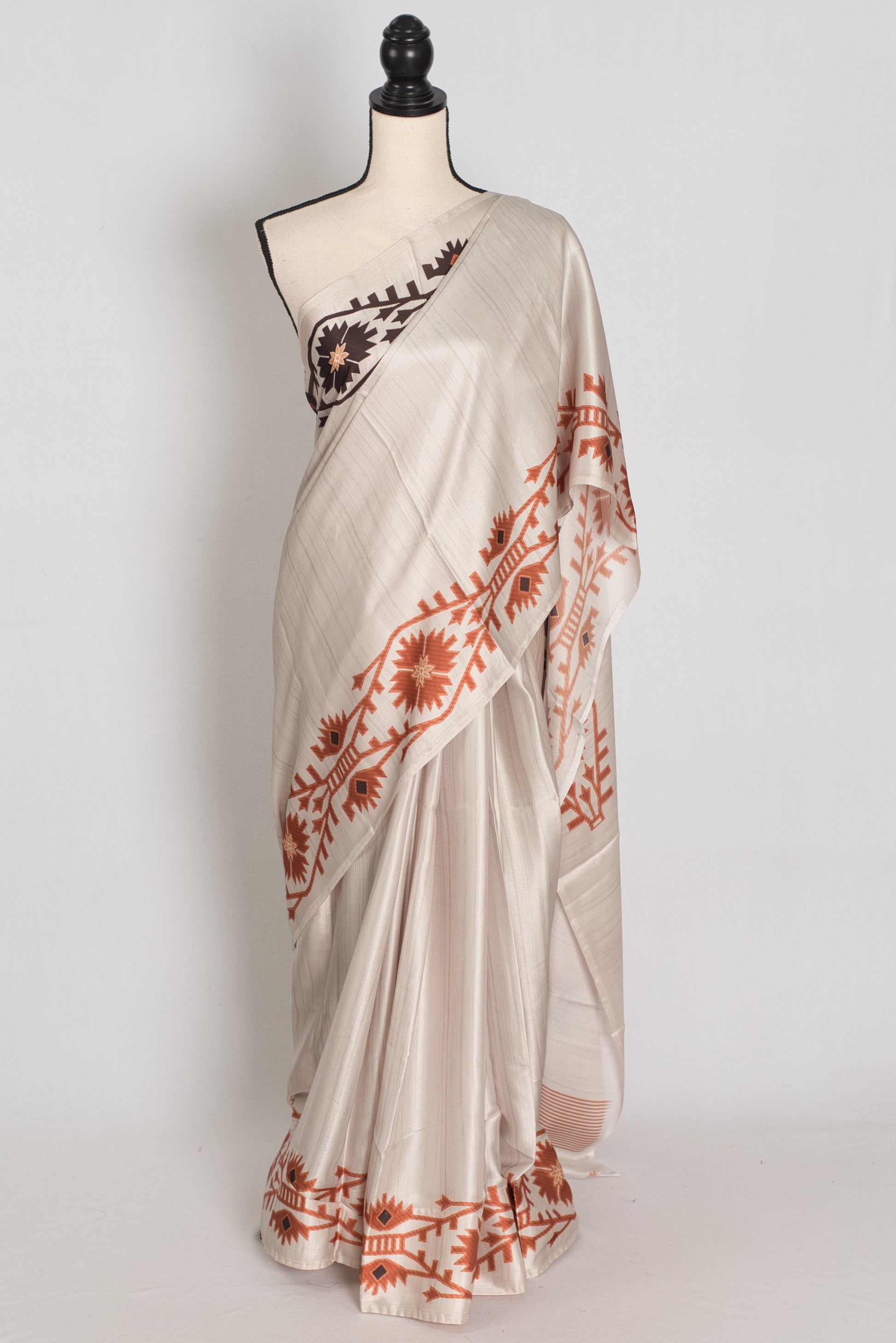 Rita | Cement White Soft Satin Saree with Traditional Kolka Prints image 0