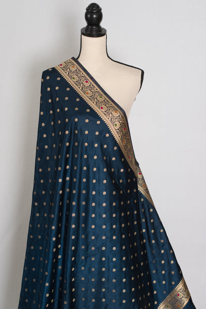 Nayan | Midnight Blue Semi Mashru Banarasi Saree | Pre-Stitched Size 38 Blouse image 5
